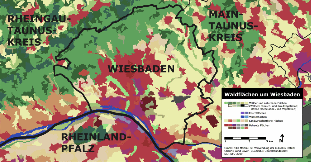 Waldflächen um Wiesbaden (Grafik: Niko Martin; Bei Verwendung der CLC2006 Daten: CORINE Land Cover (CLC2006); Umweltbundesamt, DLR-DFD 2009)
